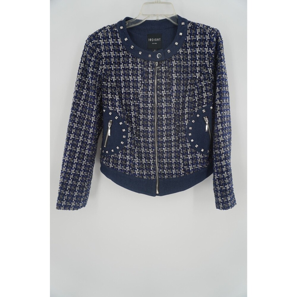 Insight New York Navy Blue Metallic Tweed Studded Jacket Denim Trim Size 10